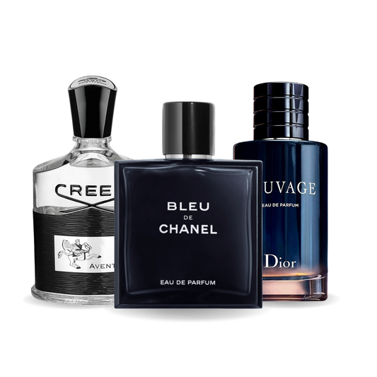 pacchetto promozionale di 3 profumi Creed AVENTUS, BLEU DE CHANEL e Dior SAUVAGE 100ml.