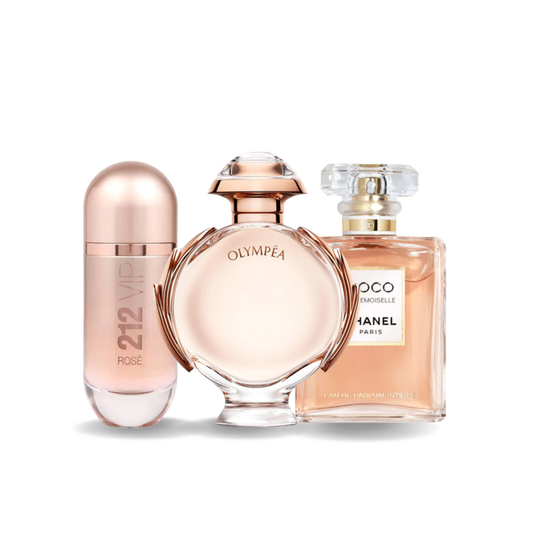 pacchetto promozionale di 3 profumi Carolina Herrera 212 VIP ROSÉ, Paco Rabanne OLYMPÉA e Chanel COCO MADEMOISELLE 100ml.