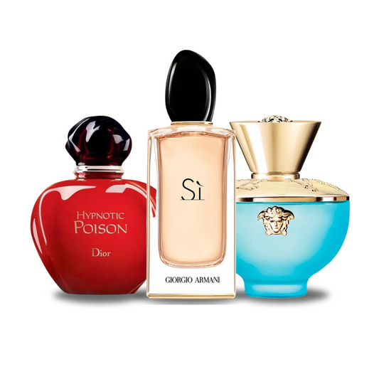 pacchetto promozionale di 3 profumi Dior HYPNOTIC POISON, Giorgio Armani SÌ e Versace DYLAN TURQUOISE 100ml.