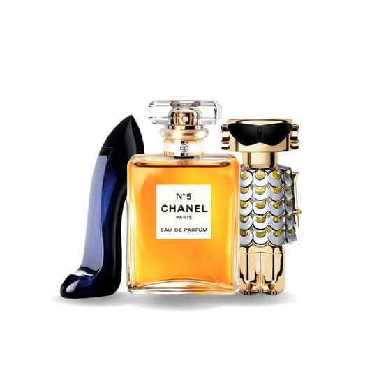 pacchetto promozionale di 3 profumi Carolina Herrera GOOD GIRL, Chanel Nº5 e Paco Rabanne FAME.